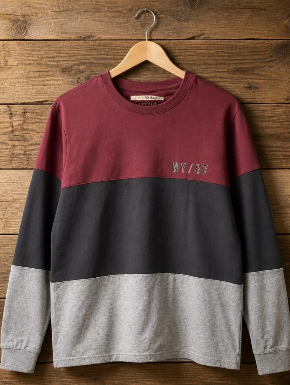 Men's Colorblock Crewneck Sweater - Burgundy/Black/Gray
